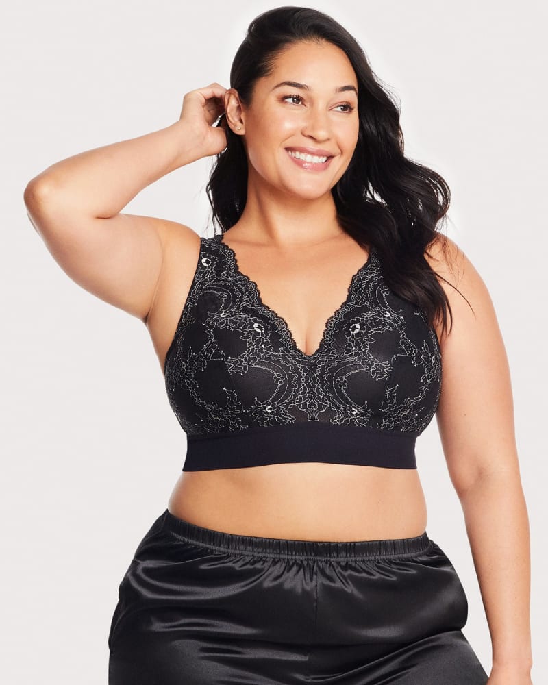 Front of a model wearing a size 42C Bramour Lexington Lace Plunge Bralette in Black by Glamorise. | dia_product_style_image_id:260755